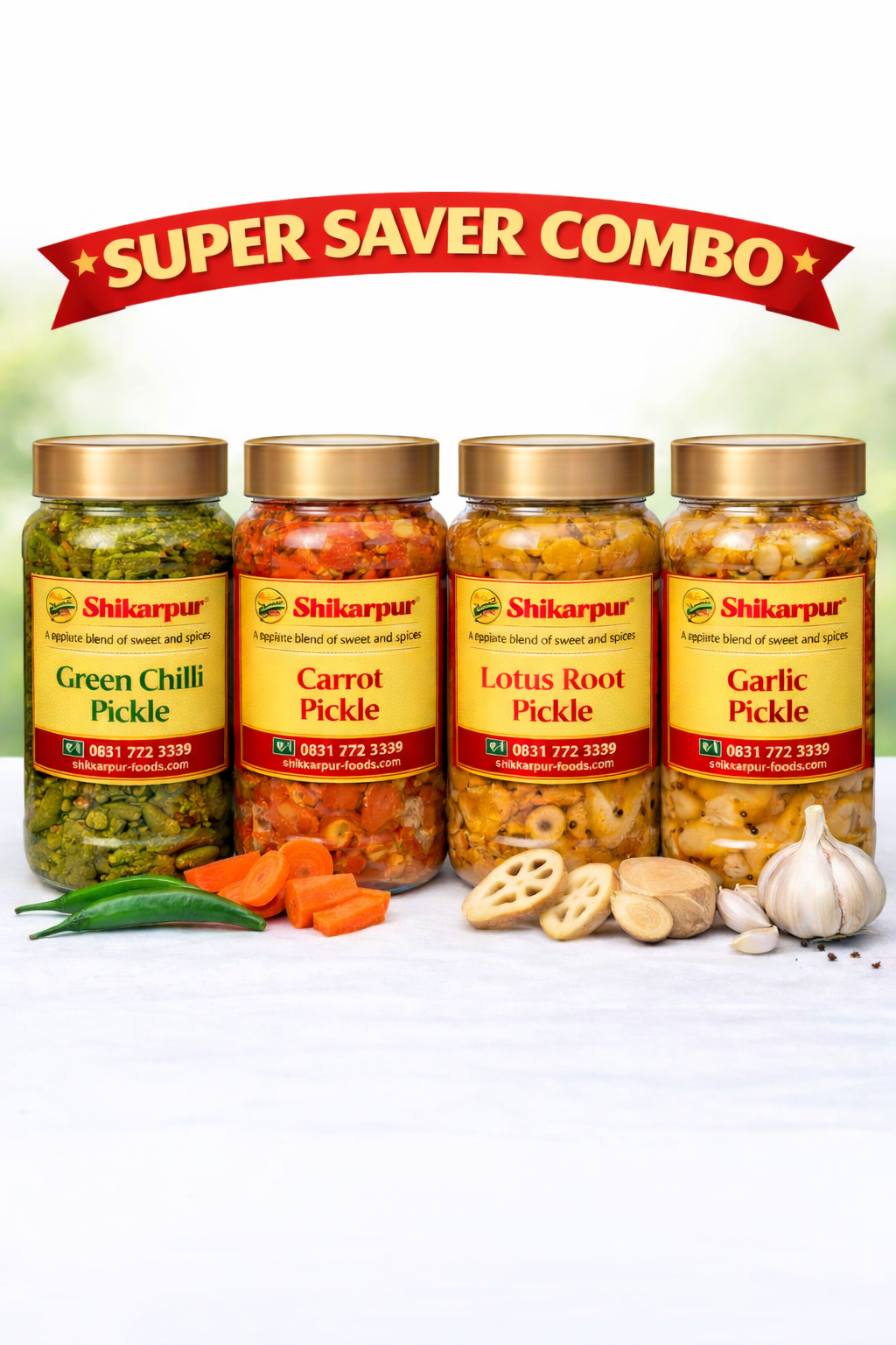 Super 4 ~ Green chilli pickle ~ Carrot pickle ~ Lotus root pickle ~ Garlic pickle