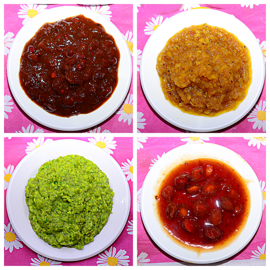 Pack of 4 ~ Imli chutney ~ Plum chutney ~ Green chutney ~ Mango sweet and sour chutney ~ 4 boxes ~ 4 KG ~ Buy more save more